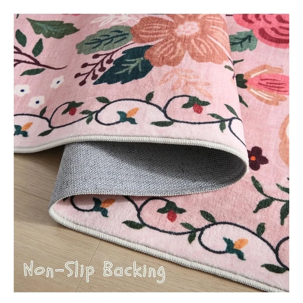 Rugcomf Area Rug Carpet Washable Non Slip Low Pile Boho Floral Pink 3x5 NEW